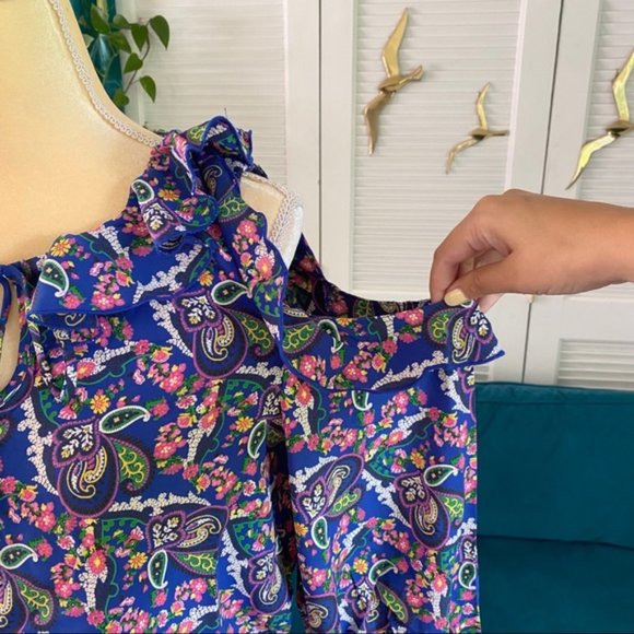easel | Romper in the Heather Floral Print Cold Shoulder Navy Ruffle New Small - Picture 6 of 13